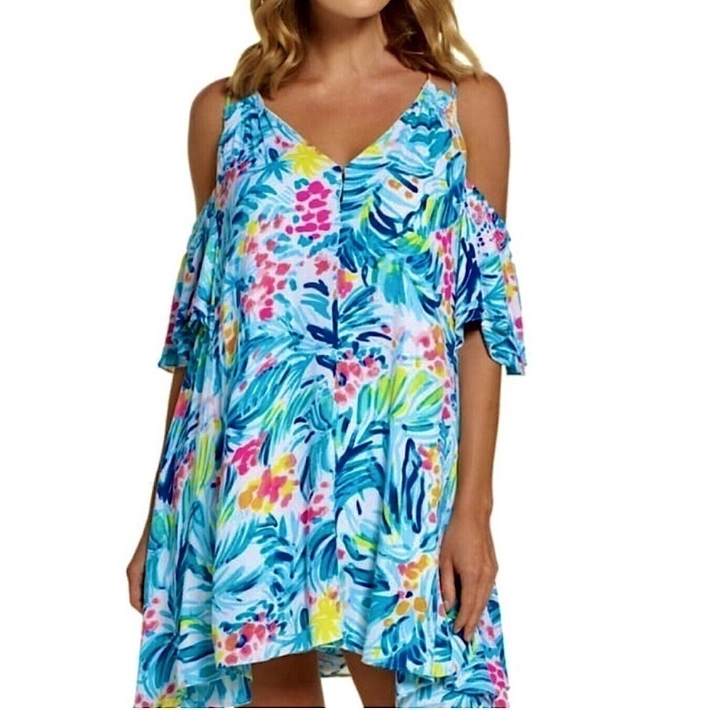 Lilly Pulitzer Bellamie Open Cold Shoulder Serene Blue Tippy Top Swing Dress XS